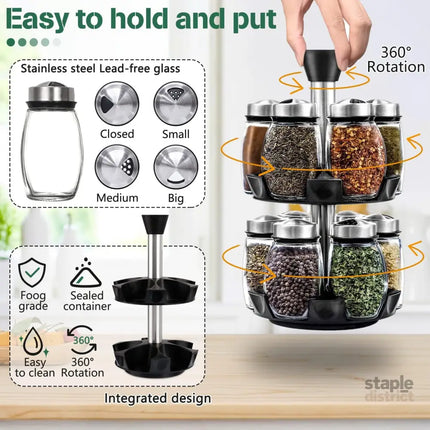 CARLA HOME Rotating Spice Rack Organizer with 16 Glass Jars for Kitchen Seasoning and Herb Storage-2042061548935057411