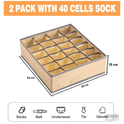 CARLA HOME Set of 2 Fabric Drawer Organizer Divider Storage Boxes for Storing Socks, Underwear, Ties, Scarves (Beige)-2042061534661840897