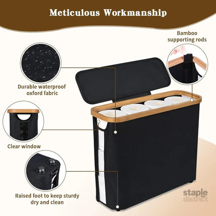 CARLA HOME Toilet Paper Storage Basket Holds Up to 12 Rolls with Bamboo Lid and Handle for RV Closet (Black)-2042061541712465923