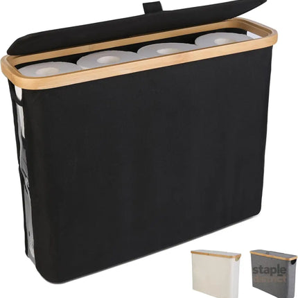 CARLA HOME Toilet Paper Storage Basket Holds Up to 12 Rolls with Bamboo Lid and Handle for RV Closet (Black)-2042061541712465920