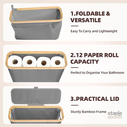CARLA HOME Toilet Paper Storage Basket Holds Up to 12 Rolls with Bamboo Lid and Handle for RV Closet (Grey)-2042061541922181124
