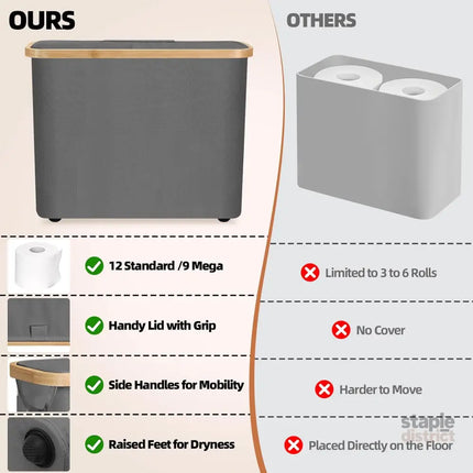 CARLA HOME Toilet Paper Storage Basket Holds Up to 12 Rolls with Bamboo Lid and Handle for RV Closet (Grey)-2042061541922181125