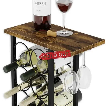 CARLA HOME Wine Rack Countertop Wooden & Metal Holder for 6 Bottles & 2 Glasses-2042061553213247488