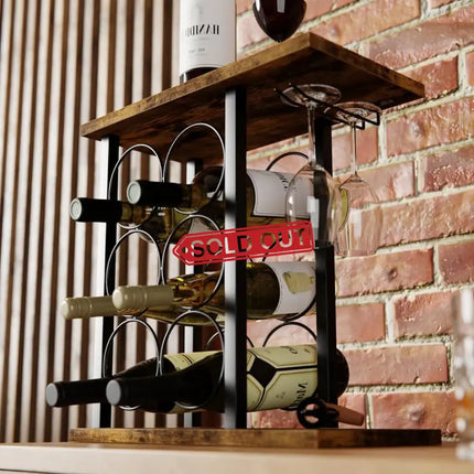 CARLA HOME Wine Rack Countertop Wooden & Metal Holder for 6 Bottles & 2 Glasses-2042061553213247490