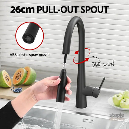 Cefito Kitchen Mixer Tap Pull Out Round 2 Mode Sink Basin Faucet Swivel WELS Black - Furniture > Bathroom > Tap & Sink
