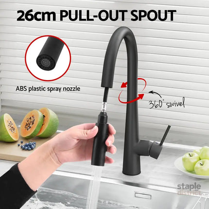 Cefito Kitchen Mixer Tap Pull Out Round 2 Mode Sink Basin Faucet Swivel WELS Black - Furniture > Bathroom > Tap & Sink