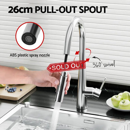 Cefito Kitchen Mixer Tap Pull Out Round 2 Mode Sink Basin Faucet Swivel WELS Chrome - Furniture > Bathroom > Tap & Sink