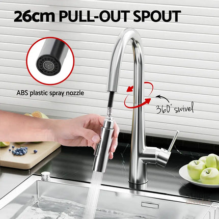 Cefito Kitchen Mixer Tap Pull Out Round 2 Mode Sink Basin Faucet Swivel WELS Chrome - Furniture > Bathroom > Tap & Sink