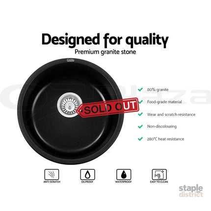 Cefito Stone Kitchen Sink Round 430MM Granite Under/Topmount Basin Bowl Laundry Black - Furniture > Bathroom > Sinks