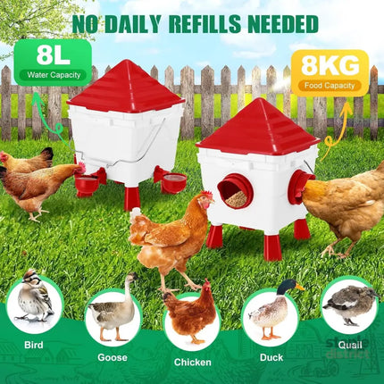 CARLA HOME Chicken Feeder Waterer Set Automatic Gravity Dispenser with 8KG Food & 8L Water Capacity 4 Ports & Cups