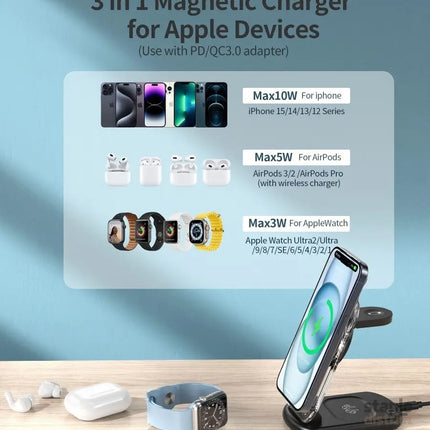 CHOETECH T618-F-BK 3-in-1 15W MagSafe Wireless fast Charger Stand for iPhone i-Watch AirPods w/ Ambient Light