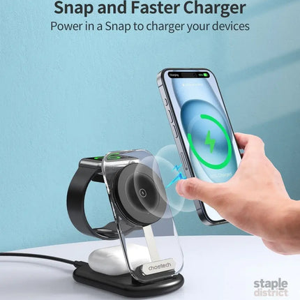 CHOETECH T618-F-BK 3-in-1 15W MagSafe Wireless fast Charger Stand for iPhone i-Watch AirPods w/ Ambient Light
