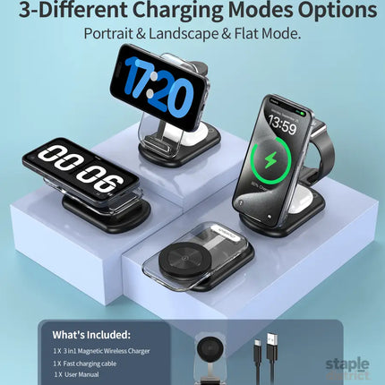 CHOETECH T618-F-BK 3-in-1 15W MagSafe Wireless fast Charger Stand for iPhone i-Watch AirPods w/ Ambient Light