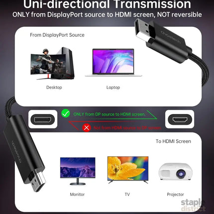 CHOETECH XDH01 4K 60Hz DisplayPort Male to HDMI Male Braided Cable 2M - Appliances > TV > TVs & Accessories