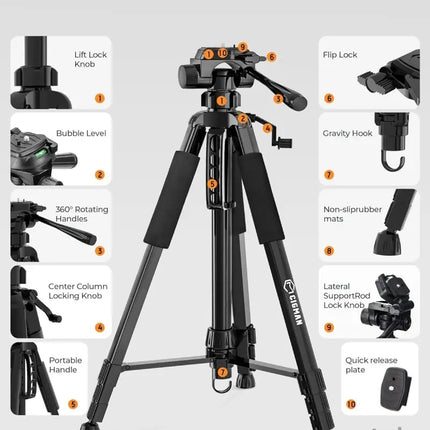 CIGMAN 59-inch Lightweight Adjustable Laser Level Tripod with 3-Way Swivel Pan Head Bubble Level Phone Holder Quick