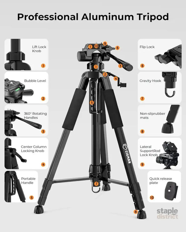 CIGMAN 59-inch Lightweight Adjustable Laser Level Tripod with 3-Way Swivel Pan Head Bubble Level Phone Holder Quick