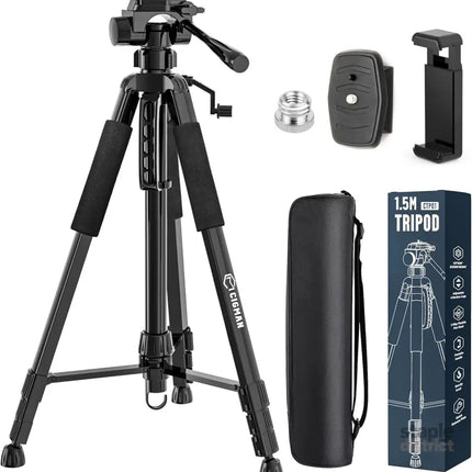 CIGMAN 59-inch Lightweight Adjustable Laser Level Tripod with 3-Way Swivel Pan Head Bubble Level Phone Holder Quick