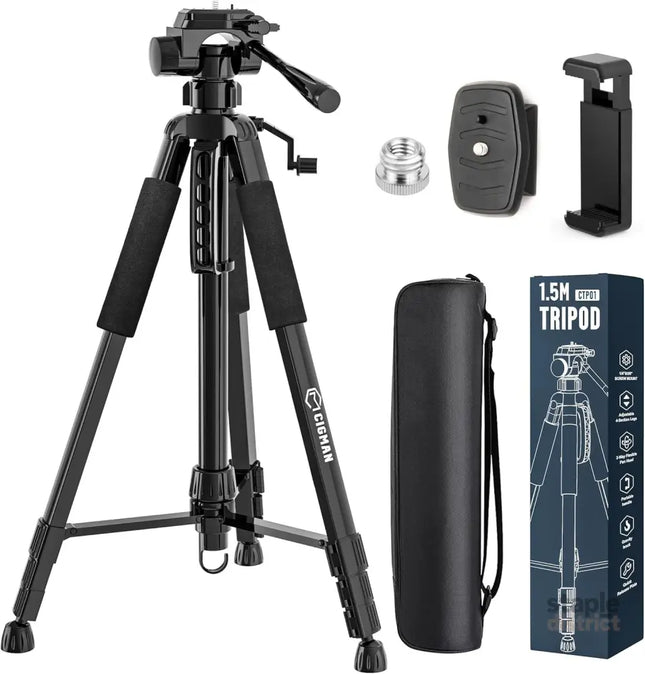 CIGMAN 59-inch Lightweight Adjustable Laser Level Tripod with 3-Way Swivel Pan Head Bubble Level Phone Holder Quick