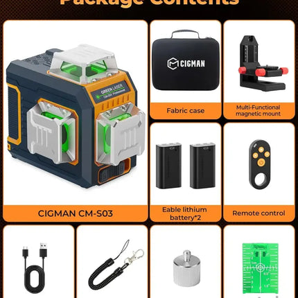 CIGMAN Green Laser Level 3x360° Side LCD 12-Line Self-Leveling Bluetooth App Remote Pulse Mode for Receiver ±1/8 in. at