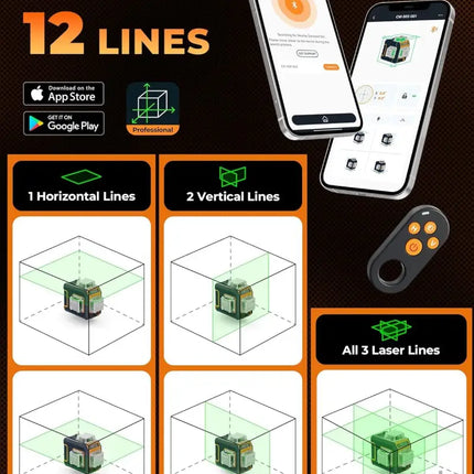 CIGMAN Green Laser Level 3x360° Side LCD 12-Line Self-Leveling Bluetooth App Remote Pulse Mode for Receiver ±1/8 in. at