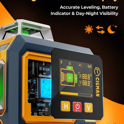 CIGMAN Green Laser Level 3x360° Side LCD 12-Line Self-Leveling Bluetooth App Remote Pulse Mode for Receiver ±1/8 in. at