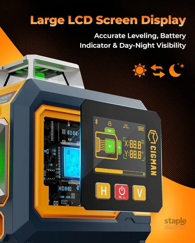 CIGMAN Green Laser Level 3x360° Side LCD 12-Line Self-Leveling Bluetooth App Remote Pulse Mode for Receiver ±1/8 in. at