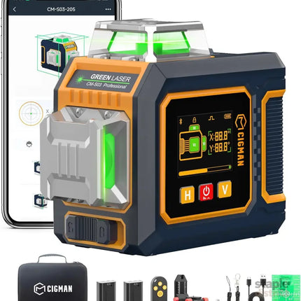 CIGMAN Green Laser Level 3x360° Side LCD 12-Line Self-Leveling Bluetooth App Remote Pulse Mode for Receiver ±1/8 in. at
