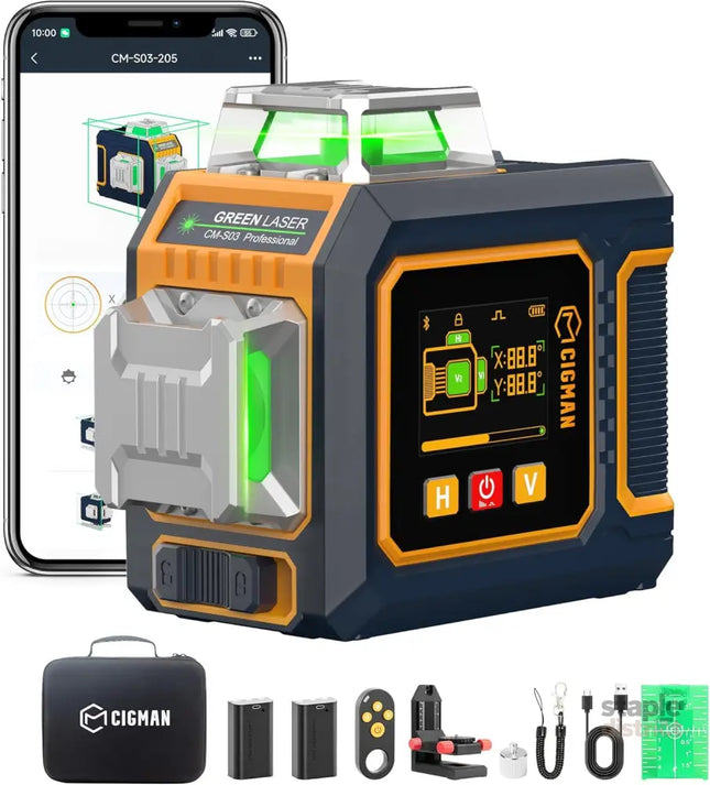 CIGMAN Green Laser Level 3x360° Side LCD 12-Line Self-Leveling Bluetooth App Remote Pulse Mode for Receiver ±1/8 in. at