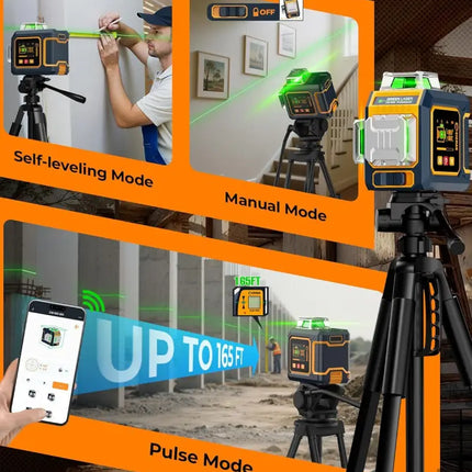 CIGMAN Green Laser Level 3x360° Side LCD 12-Line Self-Leveling Bluetooth App Remote Pulse Mode for Receiver ±1/8 in. at