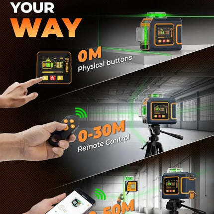 CIGMAN Green Laser Level 3x360° Side LCD 12-Line Self-Leveling Bluetooth App Remote Pulse Mode for Receiver ±1/8 in. at