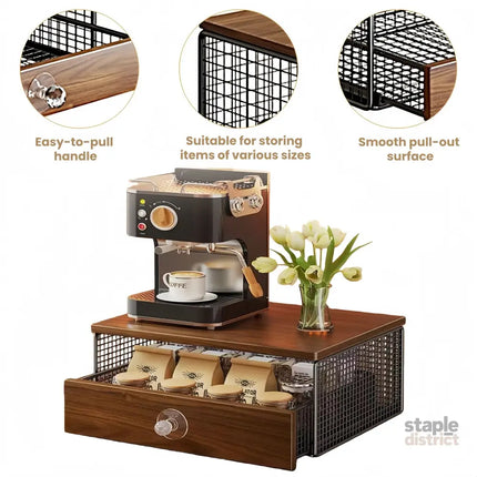 Coffee Machine Stand,Coffee Capsule Storage Kitchen Counter Organizer with Drawer& Wire Basket Space Saving Design No