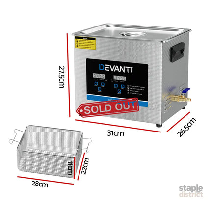 Devanti 10L Ultrasonic Cleaner Heater Cleaning Machine Timer Industrial 240W - Appliances > Other Cleaning Appliances >