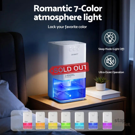 Devanti 1400ML Portable Dehumidifier Quiet Sleep Mode Timer Auto Off Bedroom White - Appliances > Aroma Diffusers &
