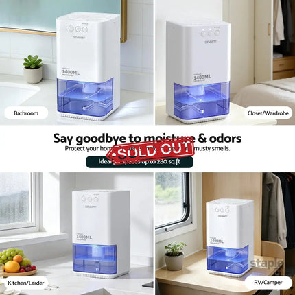 Devanti 1400ML Portable Dehumidifier Quiet Sleep Mode Timer Auto Off Bedroom White - Appliances > Aroma Diffusers &