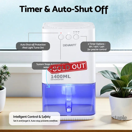Devanti 1400ML Portable Dehumidifier Quiet Sleep Mode Timer Auto Off Bedroom White - Appliances > Aroma Diffusers &