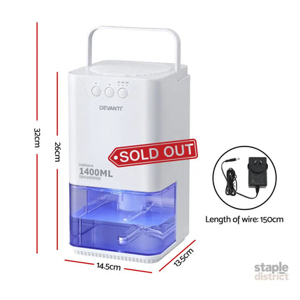 Devanti 1400ML Portable Dehumidifier Quiet Sleep Mode Timer Auto Off Bedroom White - Appliances > Aroma Diffusers &