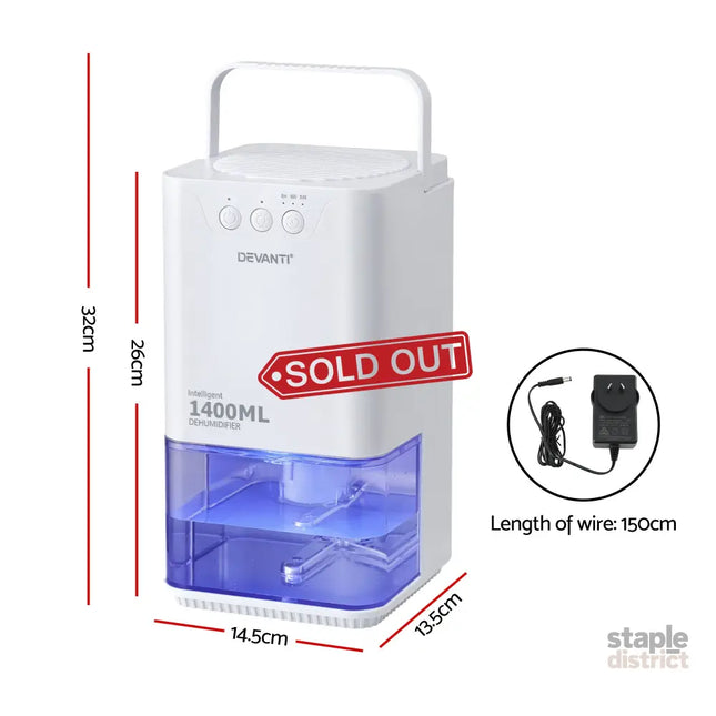 Devanti 1400ML Portable Dehumidifier Quiet Sleep Mode Timer Auto Off Bedroom White - Appliances > Aroma Diffusers &