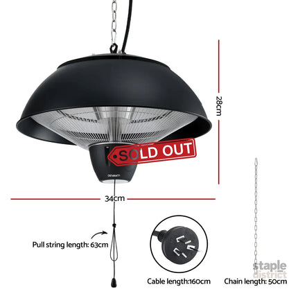 Devanti 1500W Electric Patio Infrared Heater Hanging Heaters Ceiling Mounted Remote - Appliances > Heaters > Patio