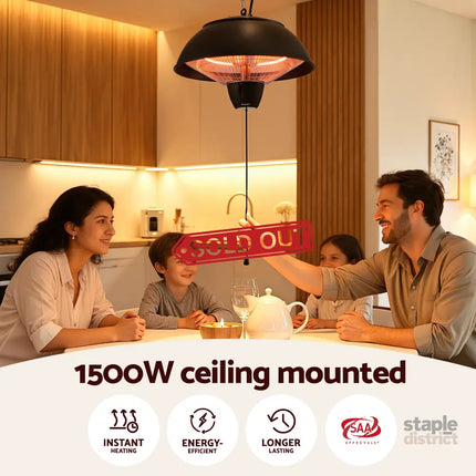 Devanti 1500W Electric Patio Infrared Heater Hanging Heaters Ceiling Mounted Remote - Appliances > Heaters > Patio