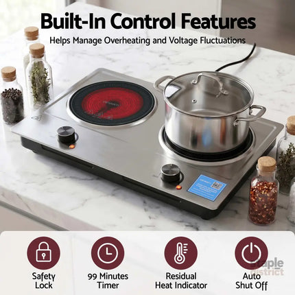 Devanti 2 Hobs Ceramic Cooktop Electric Hot Plate Infrared Knob Control 2400W - Appliances > Kitchen Appliances >