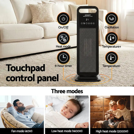 Devanti 2000W Ceramic Tower Heater Space Heaters Indoor Oscillating Black - Appliances > Heaters > Electric Heaters