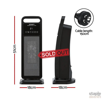Devanti 2000W Ceramic Tower Heater Space Heaters Indoor Oscillating Black - Appliances > Heaters > Electric Heaters
