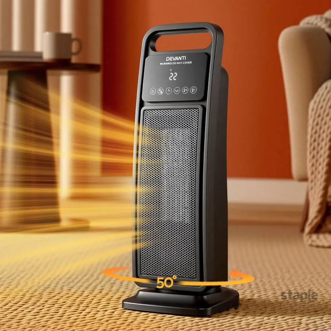 Devanti 2000W Ceramic Tower Heater Space Heaters Indoor Oscillating Black - Appliances > Heaters > Electric Heaters