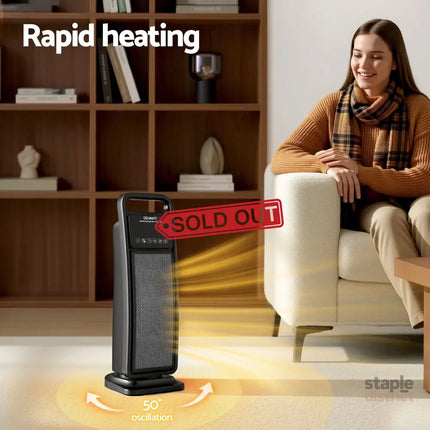 Devanti 2000W Ceramic Tower Heater Space Heaters Indoor Oscillating Black - Appliances > Heaters > Electric Heaters