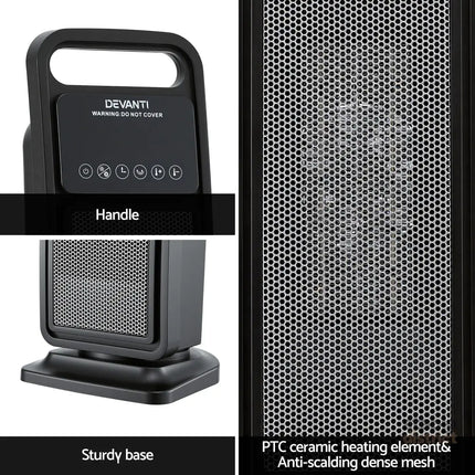 Devanti 2000W Ceramic Tower Heater Space Heaters Indoor Oscillating Black - Appliances > Heaters > Electric Heaters