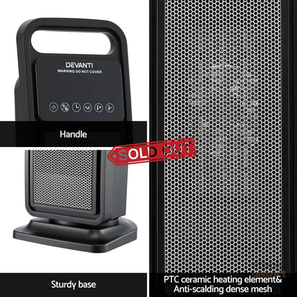 Devanti 2000W Ceramic Tower Heater Space Heaters Indoor Oscillating Black - Appliances > Heaters > Electric Heaters