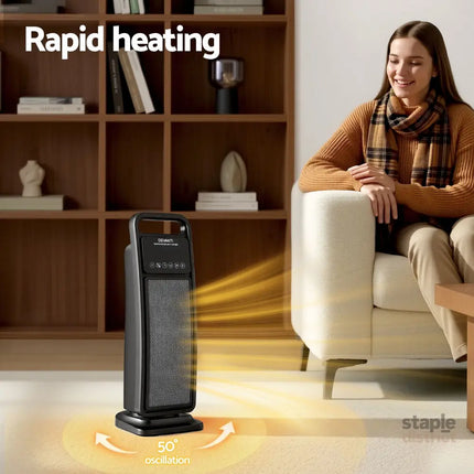 Devanti 2000W Ceramic Tower Heater Space Heaters Indoor Oscillating Black - Appliances > Heaters > Electric Heaters