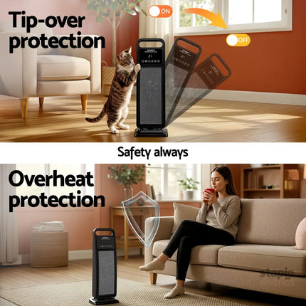 Devanti 2000W Ceramic Tower Heater Space Heaters Indoor Oscillating Black - Appliances > Heaters > Electric Heaters