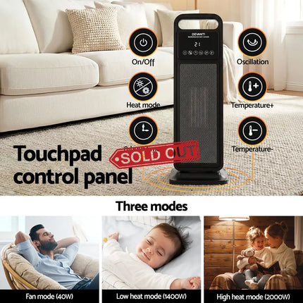 Devanti 2000W Ceramic Tower Heater Space Heaters Indoor Oscillating Black - Appliances > Heaters > Electric Heaters
