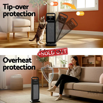Devanti 2000W Ceramic Tower Heater Space Heaters Indoor Oscillating Black - Appliances > Heaters > Electric Heaters